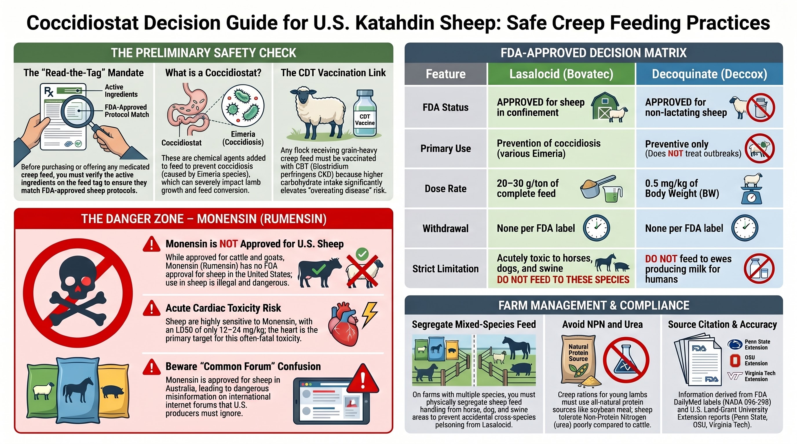 Coccidiostat decision overview for Katahdin lambs - FDA-approved options, dose, and the U.S. monensin restriction