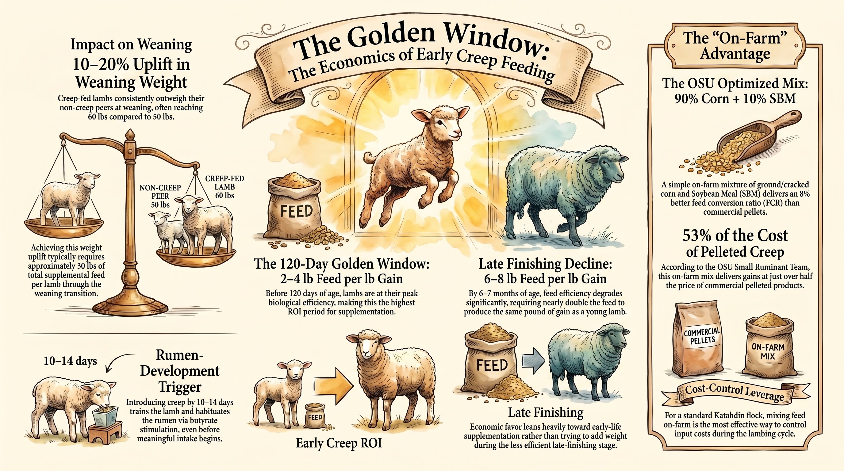 Feed conversion ratio and creep feeding economics by lamb age - 120-day window of 2-4 lb feed per lb gain, 10 to 20 percent weaning-weight uplift, and the on-farm 90 percent corn plus 10 percent soybean meal cost advantage