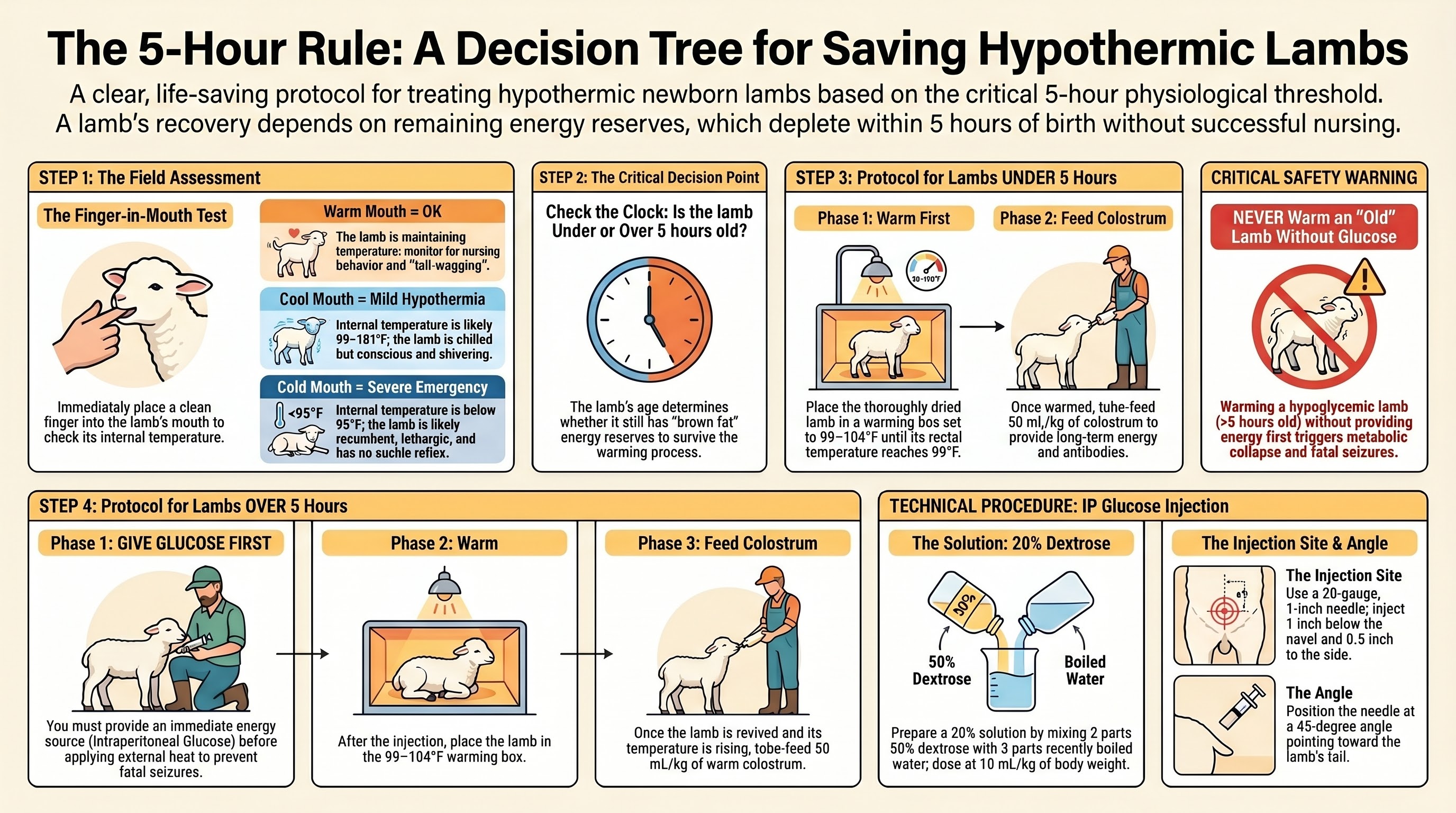 Decision tree for hypothermic lambs - field check by mouth temperature, treatment branches by lamb age relative to five hours