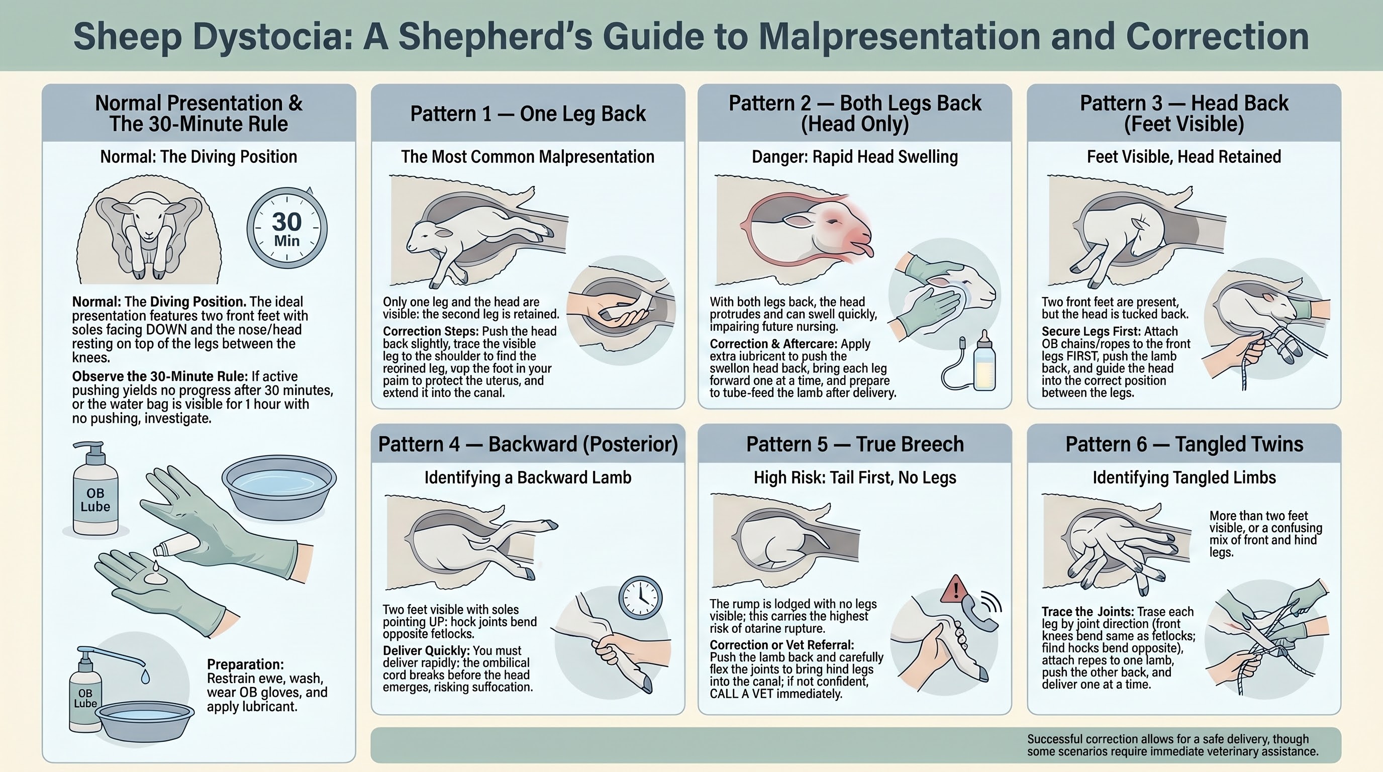 Six malpresentation patterns in sheep dystocia and their corrections, with the normal diving-position reference