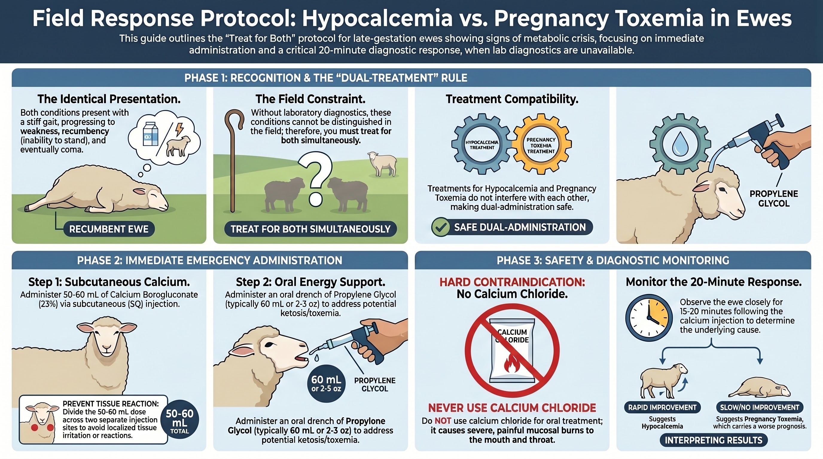 Treatment protocol for ewes with indistinguishable metabolic signs - simultaneous calcium borogluconate and propylene glycol, response time as differential