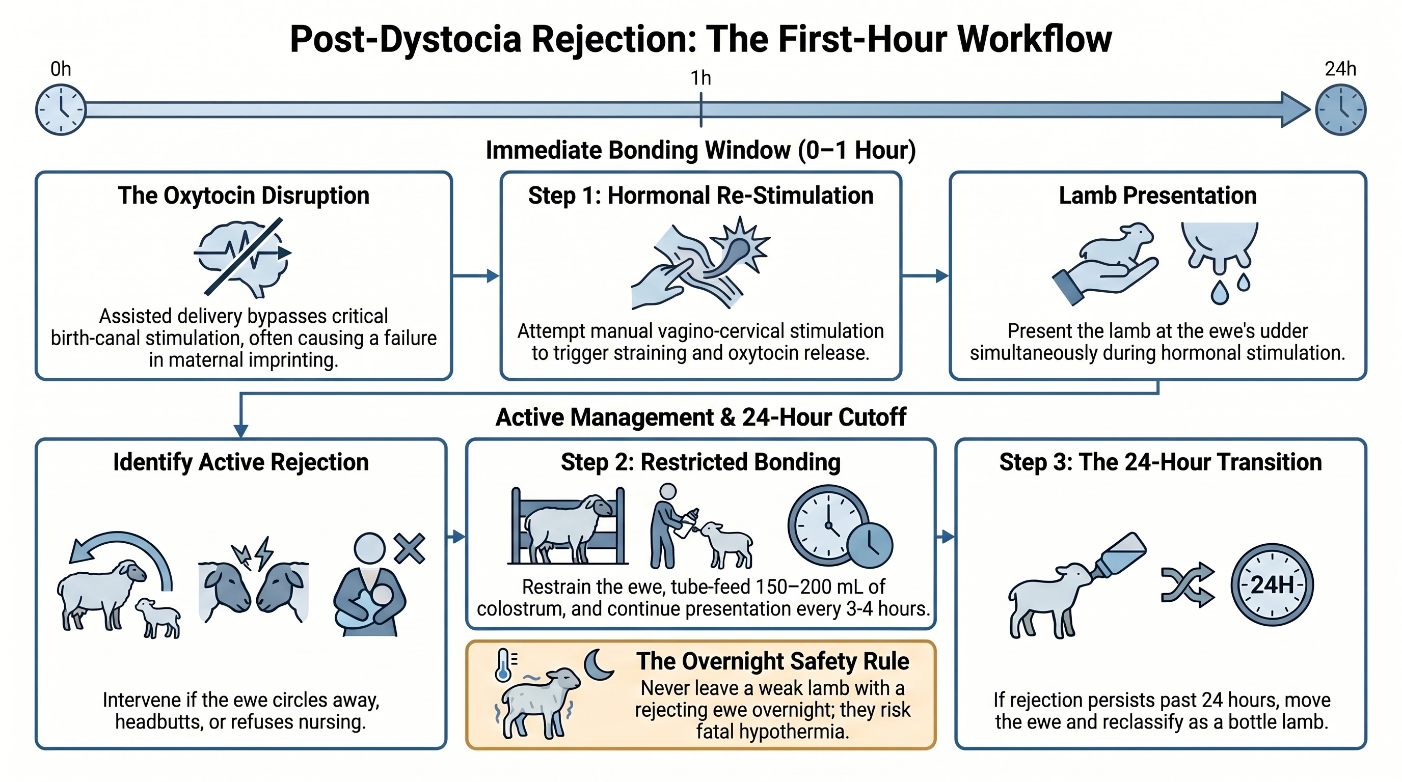Post-dystocia rejection workflow for the first hour after birth - vagino-cervical stimulation, jug confinement, bottle-lamb reclassification at 24 hours