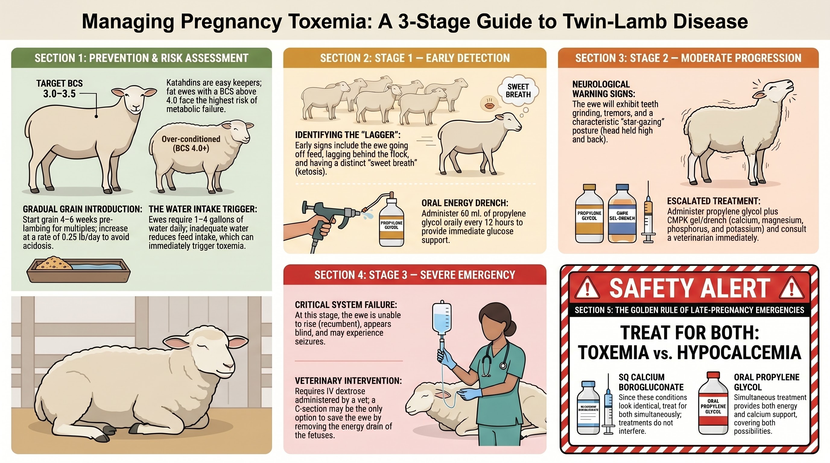 Three stages of pregnancy toxemia in ewes - early, moderate, and severe - with field treatments and prevention