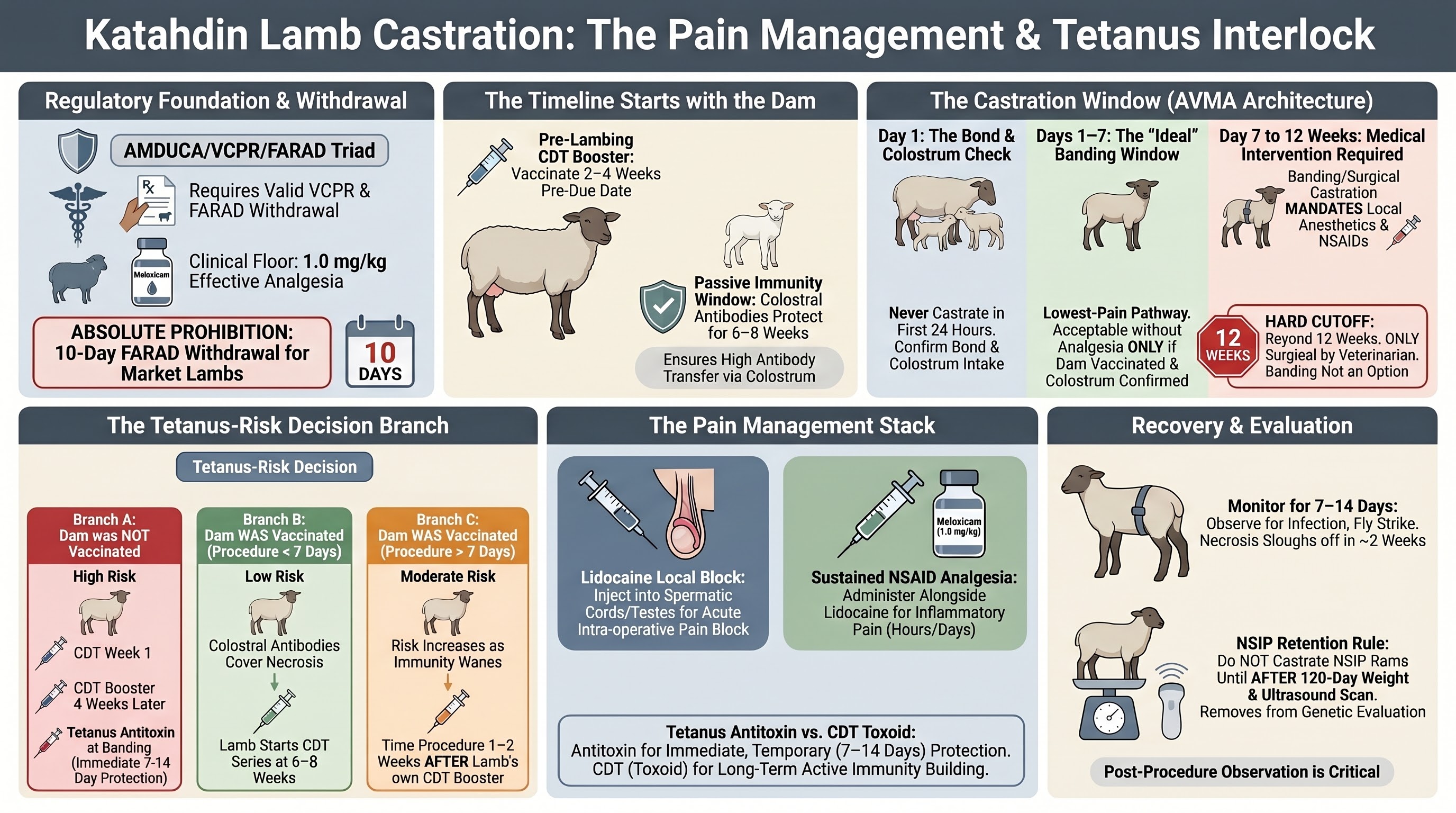 Pain management and CDT tetanus interlock for Katahdin lamb castration  -  meloxicam dosing, FARAD withdrawal, lidocaine local block, and the dam-status CDT timing fork