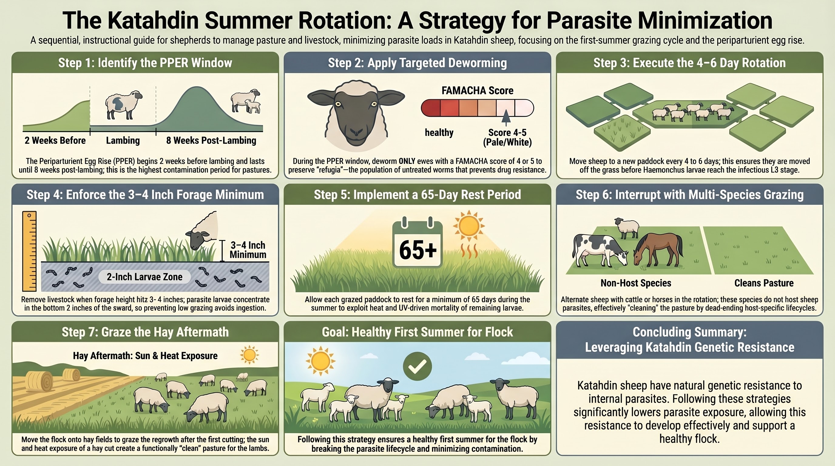 First-summer grazing rotation for Katahdin parasite-load minimization  -  4-6 day grazing periods, 65-day rest, 3-4 inch minimum forage height, multi-species grazing, and hay-aftermath strategy
