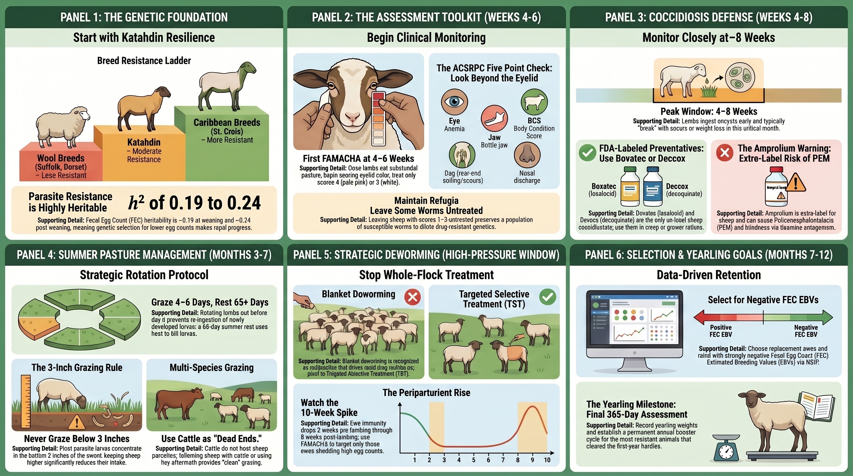 Parasite and coccidiosis management for Katahdin lambs  -  refugia, breed-resistance ladder, FDA-labeled options, and the amprolium PEM warning