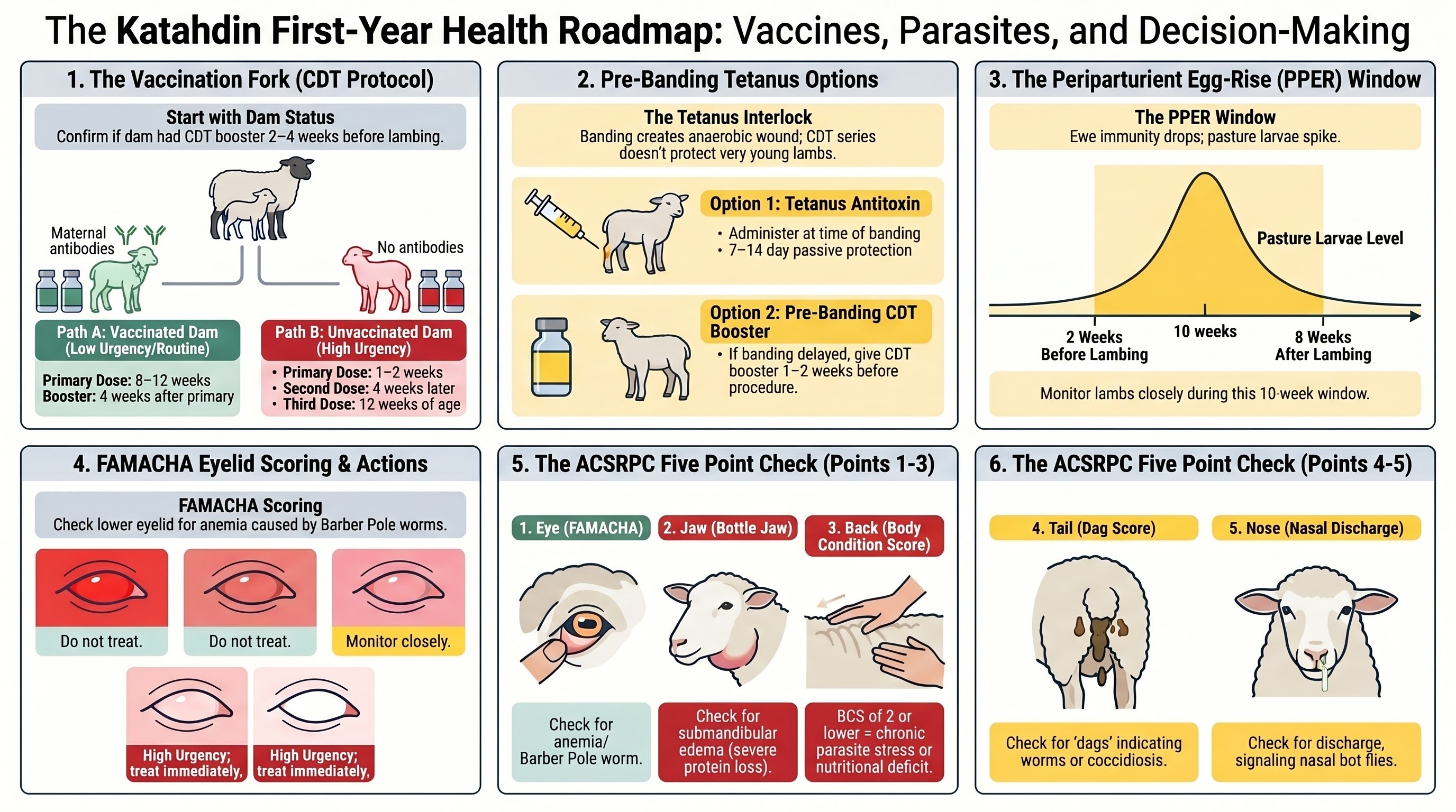 First-year Katahdin health decision tree  -  CDT vaccination forking on dam status, FAMACHA scoring thresholds, ACSRPC Five Point Check