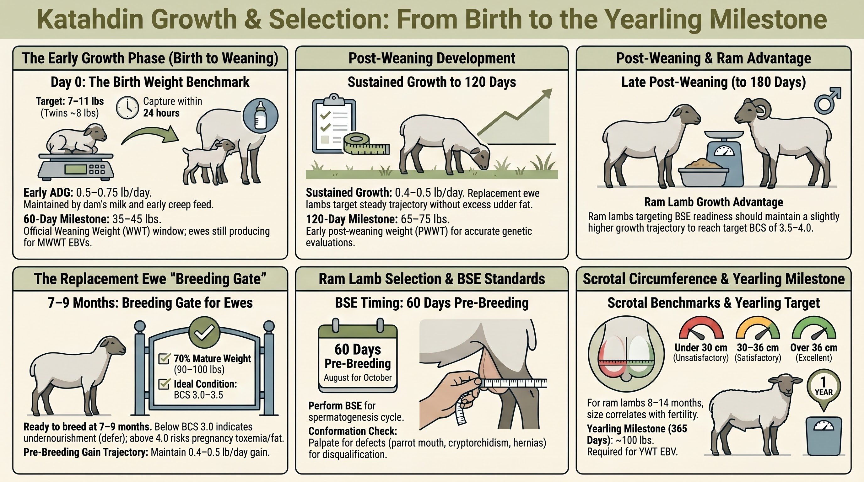 Katahdin growth-curve targets through the yearling  -  endpoint weights at 60/90/120/180/270/365 days, ADG ranges, and the replacement-ewe-lamb breeding gate