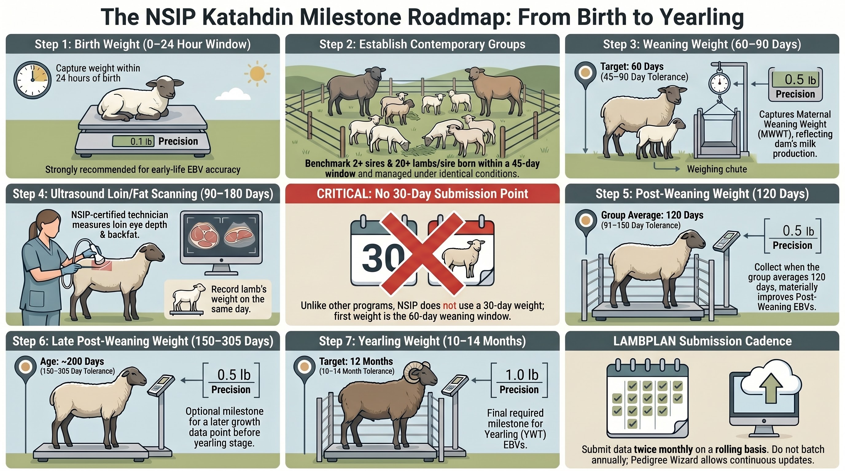 NSIP weighing-milestone timeline through the yearling for Katahdin lambs