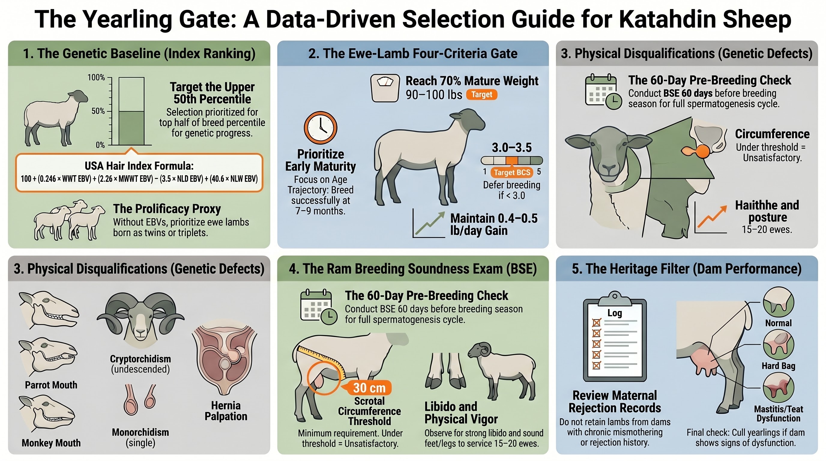 Selection-stage decision diagram  -  replacement-ewe-lamb four-criteria gate, USA Hair Index formula, ram-lamb BSE thresholds, dam-culling criteria